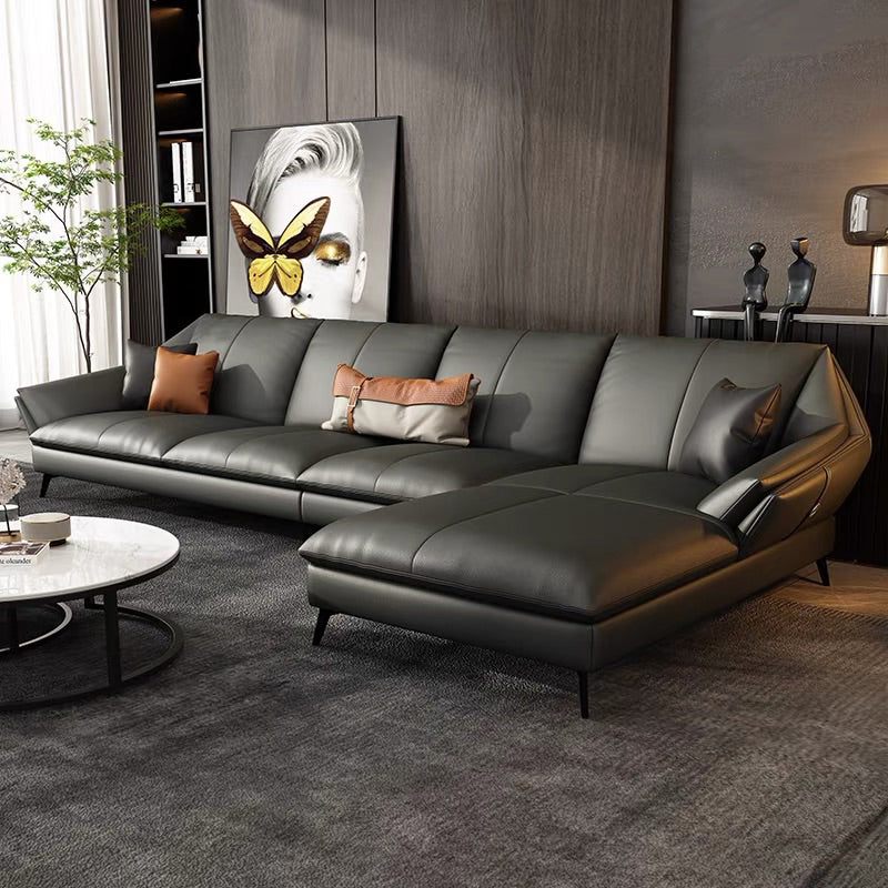 Glam Genuine Leather Living Room Flared Arm Modular Cushions Seating Grey Right Clearhalo 'furn' 'furn_sectionals' 'Furniture' 'Living Room Furniture' 'Sectionals' 5895213
