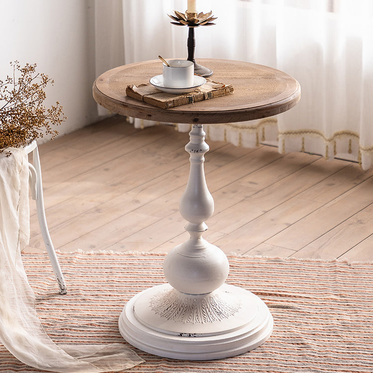 Mesa de cóctel envejecida de estilo francés, mesa de centro con pedestal de madera para sala de estar