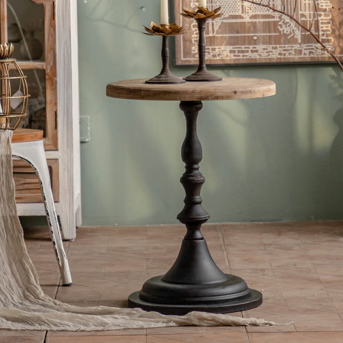 Mesa de cóctel envejecida de estilo francés, mesa de centro con pedestal de madera para sala de estar