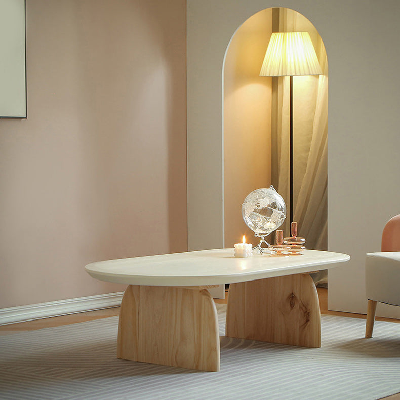 Oval Pine Wood Coffe Table with Wooden Sled Base Cocktail Table Clearhalo 'Coffee & Accent Tables' 'Coffee Tables' 'coffee_tables' 'furn' 'furn_coffee_tables' 'Furniture' 'Living Room Furniture' 5895739