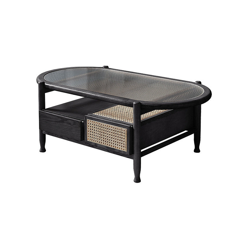 Modern Oval Glass Top Coffee Table with Shelf and 4 Drawers Cocktail Table Black Clearhalo 'Coffee & Accent Tables' 'Coffee Tables' 'coffee_tables' 'furn' 'furn_coffee_tables' 'Furniture' 'Living Room Furniture' 5895744
