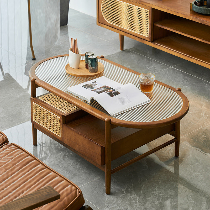 Modern Oval Glass Top Coffee Table with Shelf and 4 Drawers Cocktail Table Clearhalo 'Coffee & Accent Tables' 'Coffee Tables' 'coffee_tables' 'furn' 'furn_coffee_tables' 'Furniture' 'Living Room Furniture' 5895746