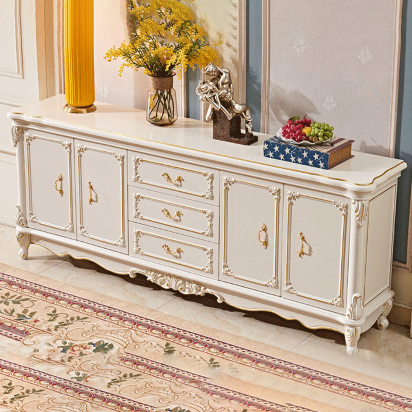 Glam 2-door Sideboard in White Solid Wood with Marble for Living Room Natural Clearhalo 'buffet_sideboard' 'Buffets & Sideboards' 'furn' 'furn_buffet_sideboard' 'Furniture' 'Kitchen & Dining Furniture' 5896287