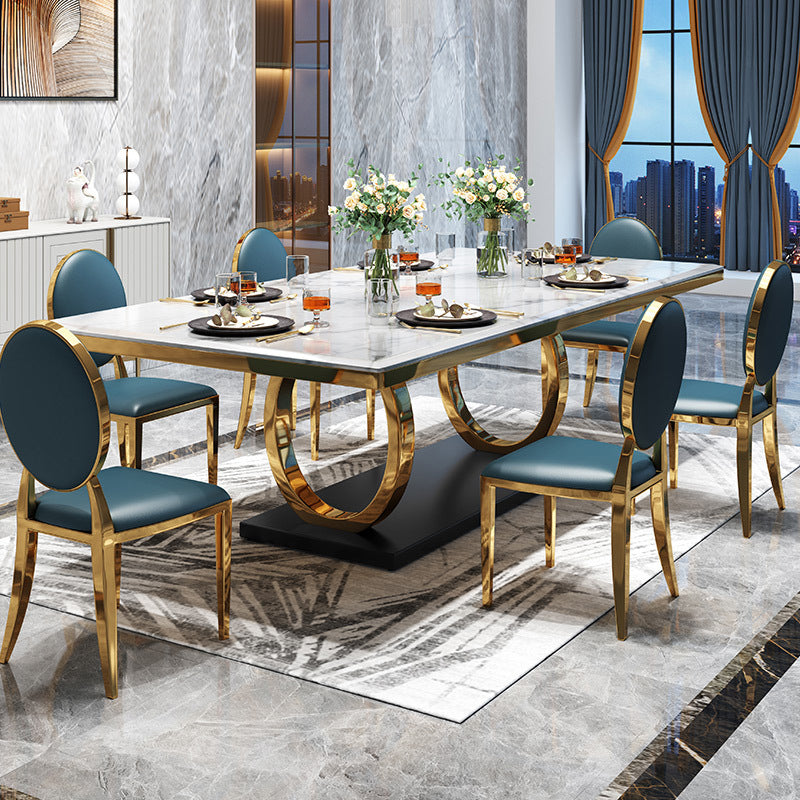 White Table Stone Top Traditional Luxury Rectangle Table with Stainless Steel Frame 86.6"L x 43.3"W x 29.5"H Without Chairs Clearhalo 'Dining Tables & Seating' 'Dining Tables' 'dining_table' 'furn' 'furn_dining_table' 'Furniture' 'Kitchen & Dining Furniture' 5896711