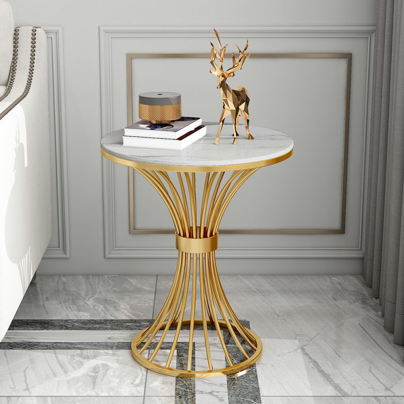 Metal Traditional Luxury Round Table 29.5"H Stone Top Dining Table with Pedestal Base White Gold Without Chairs Clearhalo 'Dining Tables & Seating' 'Dining Tables' 'dining_table' 'furn' 'furn_dining_table' 'Furniture' 'Kitchen & Dining Furniture' 5897958