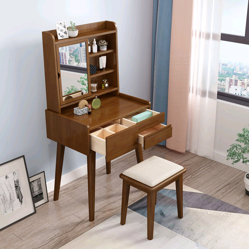 Solid Wood Vanity Table Set 3-Drawer Makeup Vanity Table with Mirror and Stool Clearhalo 'Bedroom Furniture' 'furn' 'furn_makeup_vanities' 'Furniture' 'Makeup Vanities' 'makeup_vanities' 5898707