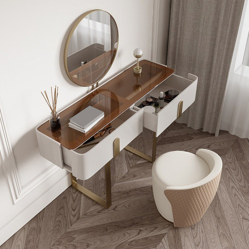 Brown Glass Top Vanity Table Glam Simple 29.53" H Dressing Table Set Clearhalo 'Bedroom Furniture' 'furn' 'furn_makeup_vanities' 'Furniture' 'Makeup Vanities' 'makeup_vanities' 5898716