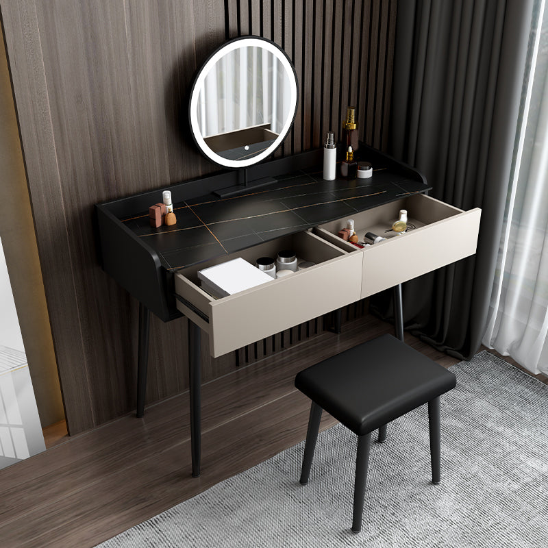 Coiffeuse contemporaine à 2 tiroirs avec plateau en pierre noire et tabouret