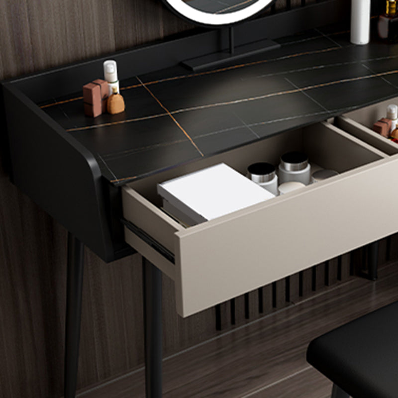 Coiffeuse contemporaine à 2 tiroirs avec plateau en pierre noire et tabouret