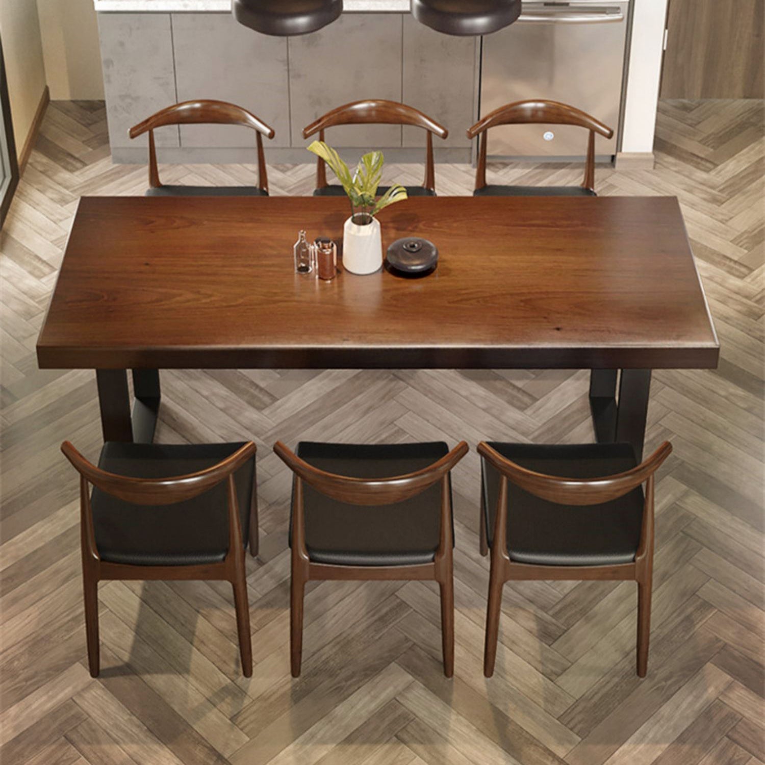Modern 1/5/7 Pieces Dining Set Rectangle Pine Wood Dining Table for Kitchen 7 Pieces: Table, 6 Brown Chairs Clearhalo 'Dining Room Sets' 'Dining Tables & Seating' 'dining_room_set' 'furn' 'furn_dining_room_set' 'Furniture' 'Kitchen & Dining Furniture' 5899779