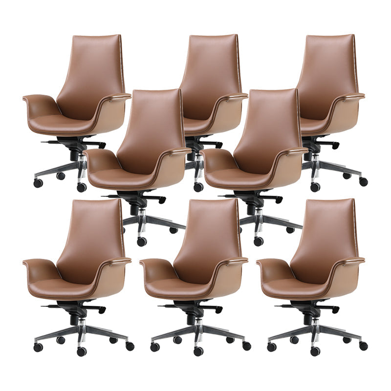 Contemporary Arm Chair Fixed Arms Adjustable Seat Height Brown Leather Office Chair 8 Piece Set Without Headrest Clearhalo 'furn' 'furn_office_chair' 'Furniture' 'Office Chairs' 'Office Furniture' 'office_chair' 5902017
