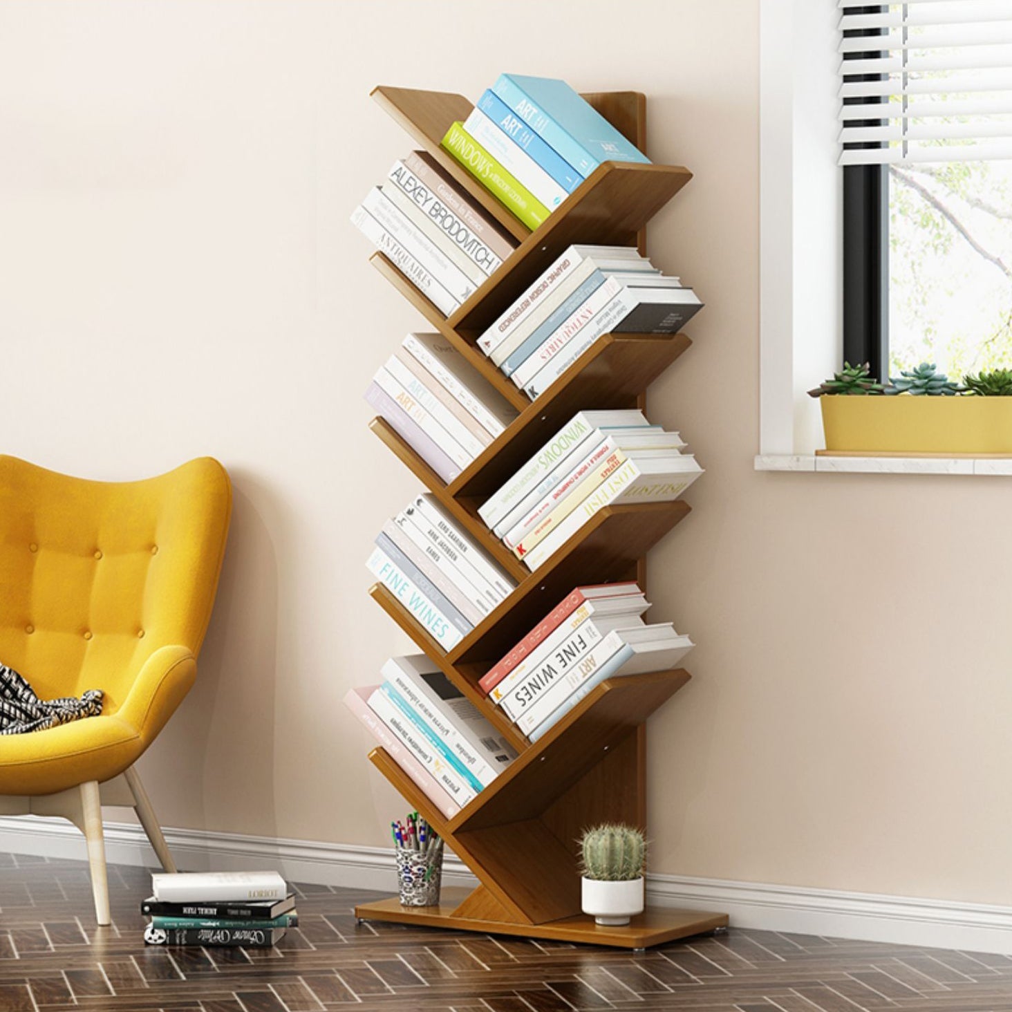 Modern Bamboo Bookshelf Geometric Closed Back Vertical Bookcase Clearhalo 'Bookcases' 'furn' 'furn_bookcases' 'Furniture' 'Office Furniture' 5902241