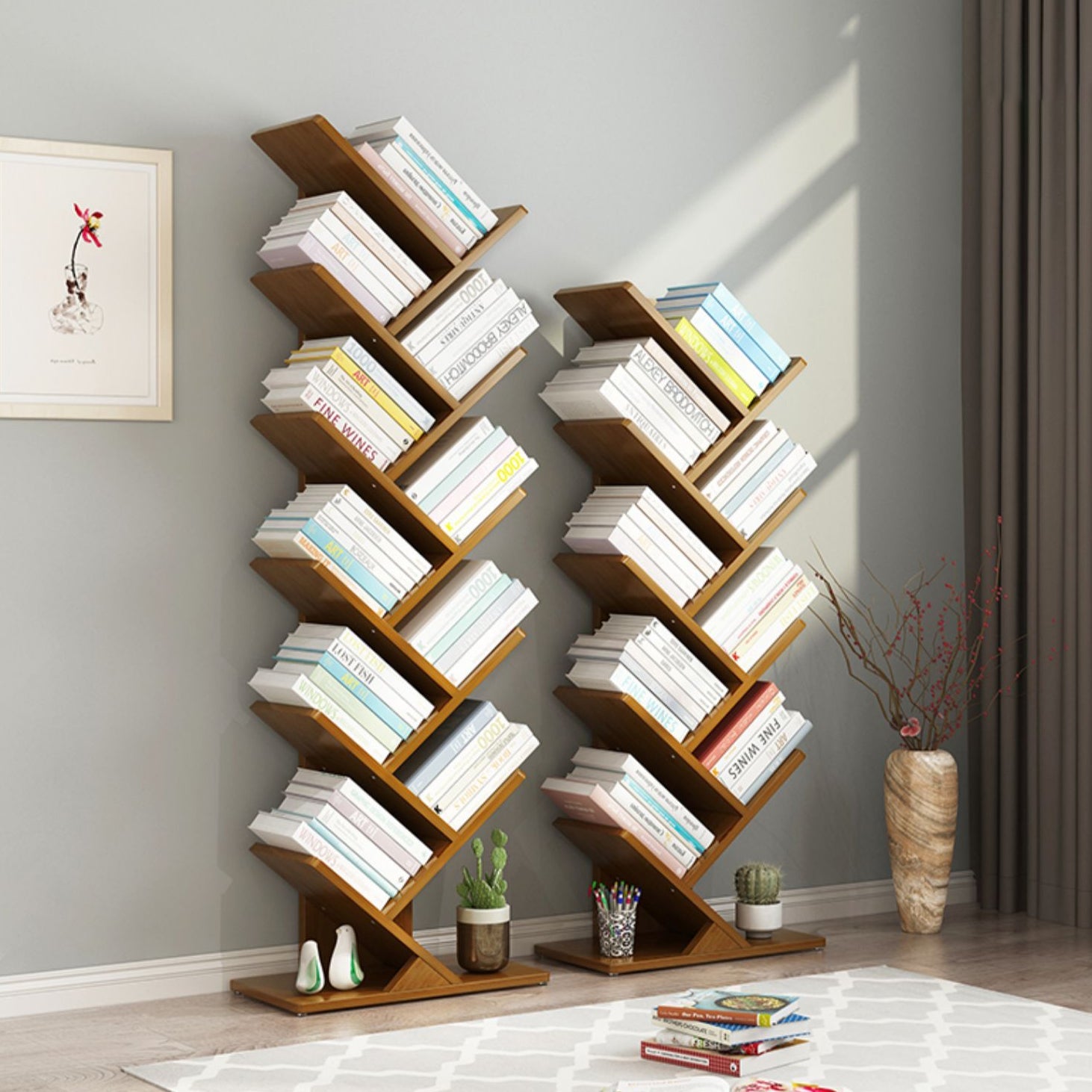 Modern Bamboo Bookshelf Geometric Closed Back Vertical Bookcase Clearhalo 'Bookcases' 'furn' 'furn_bookcases' 'Furniture' 'Office Furniture' 5902242