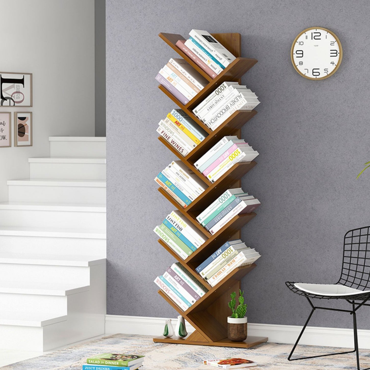 Modern Bamboo Bookshelf Geometric Closed Back Vertical Bookcase Clearhalo 'Bookcases' 'furn' 'furn_bookcases' 'Furniture' 'Office Furniture' 5902244