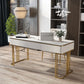 White and Gold Office Desk Glam Sled Writing Desk with Drawer 70.9"L x 23.6"W x 29.5"H Stone Clearhalo 'furn' 'furn_office_desk' 'Furniture' 'Office Desks' 'Office Furniture' 'office_desk' 5902859