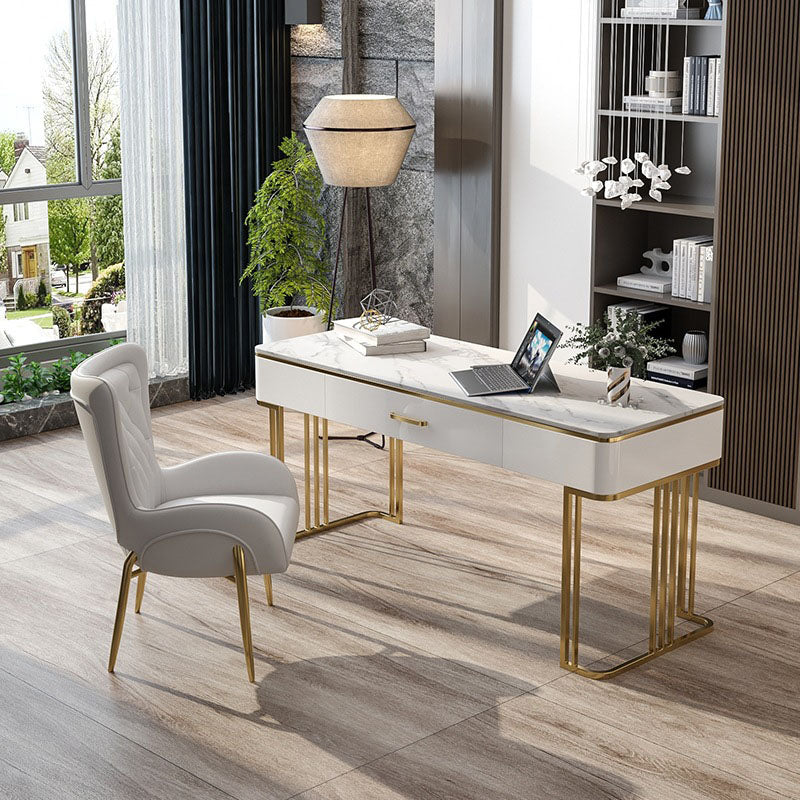 White and Gold Office Desk Glam Sled Writing Desk with Drawer 55.1"L x 23.6"W x 29.5"H Stone Clearhalo 'furn' 'furn_office_desk' 'Furniture' 'Office Desks' 'Office Furniture' 'office_desk' 5902860