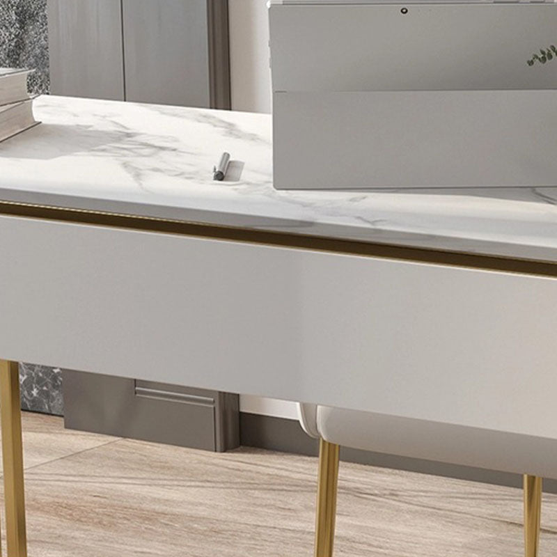 White and Gold Office Desk Glam Sled Writing Desk with Drawer Clearhalo 'furn' 'furn_office_desk' 'Furniture' 'Office Desks' 'Office Furniture' 'office_desk' 5902866