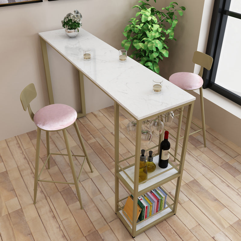 Glam 1/3 Pieces Bar Table Set Rectangle Stone Counter Table with Stools for Dining Room 3 Pieces: 1 White Gold Table, 2 Pink Stools Clearhalo 'Bar Furniture' 'furn' 'furn_home_bar_bar_sets' 'Furniture' 'Home Bars & Bar Sets' 'home_bar_bar_sets' 'Kitchen & Dining Furniture' 5905336