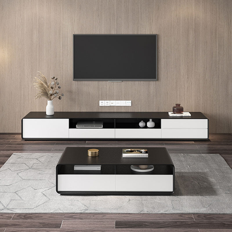 14.96" H Faux Wood TV Console 4-Drawer 1-Door Open Shelf TV Stand Black-White Clearhalo 'furn' 'furn_tv_stands_entertainment_centers' 'Furniture' 'Living Room Furniture' 'TV Stands & Entertainment Centers' 'TV Stands & Media Storage Furniture' 'tv_stands_entertainment_centers' 5906714