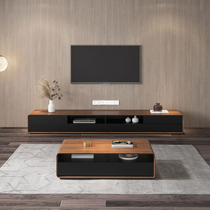 14.96" H Faux Wood TV Console 4-Drawer 1-Door Open Shelf TV Stand Walnut+Black Clearhalo 'furn' 'furn_tv_stands_entertainment_centers' 'Furniture' 'Living Room Furniture' 'TV Stands & Entertainment Centers' 'TV Stands & Media Storage Furniture' 'tv_stands_entertainment_centers' 5906715