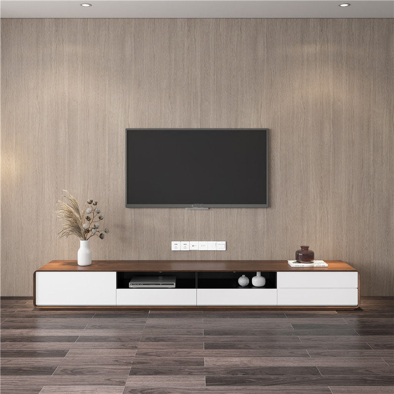 14.96" H Faux Wood TV Console 4-Drawer 1-Door Open Shelf TV Stand Walnut White Clearhalo 'furn' 'furn_tv_stands_entertainment_centers' 'Furniture' 'Living Room Furniture' 'TV Stands & Entertainment Centers' 'TV Stands & Media Storage Furniture' 'tv_stands_entertainment_centers' 5906716
