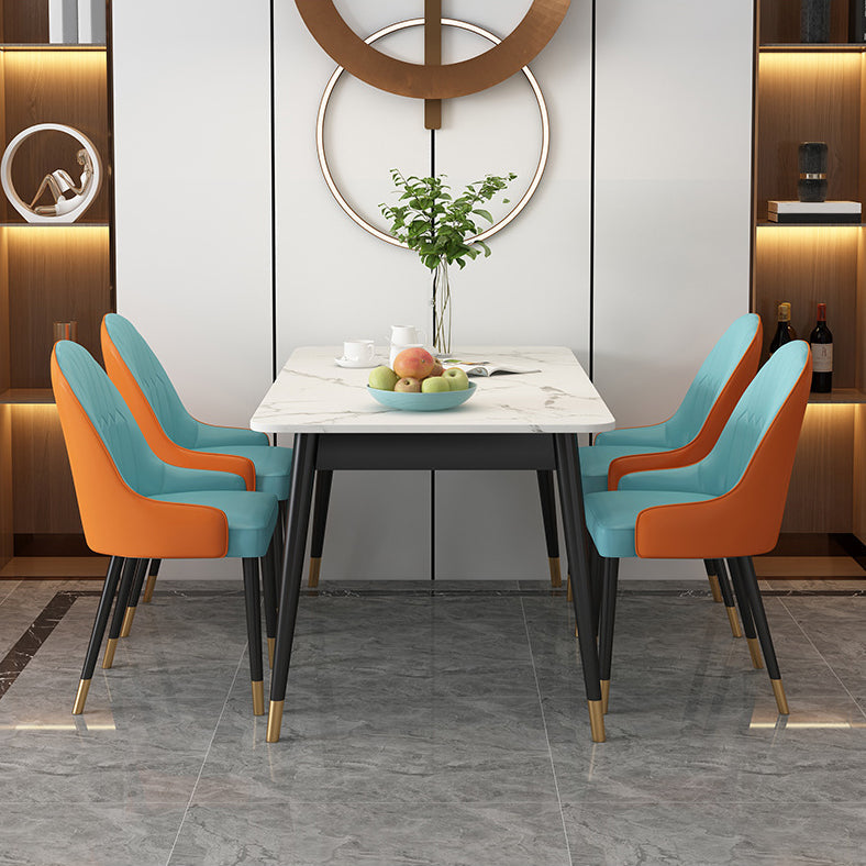 Table à manger rectangulaire de luxe blanc table supérieure en pierre fritrée avec 4 jambes de fer