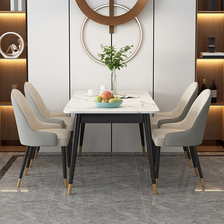 Table à manger rectangulaire de luxe blanc table supérieure en pierre fritrée avec 4 jambes de fer