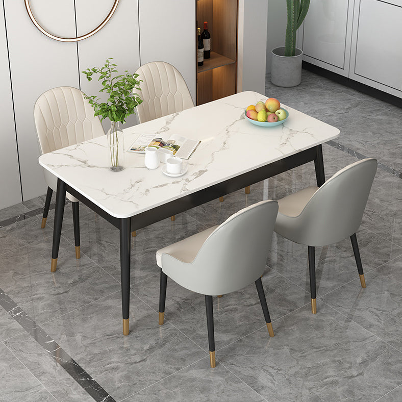 Mesa de comedor rectangular de lujo Tapa de piedra sinterizada blanca con 4 patas de hierro