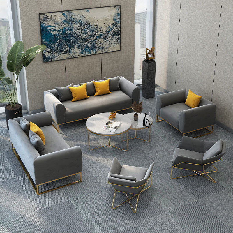Grey Velvet Sofa with Tight Back and Gold Frame for Living Room