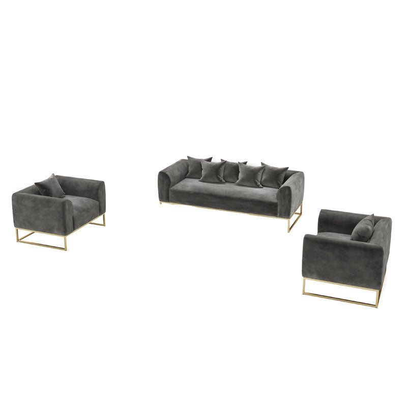 Grey Velvet Sofa with Tight Back and Gold Frame for Living Room