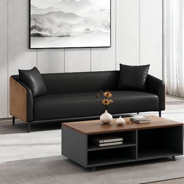 モダニズムフェイクレザーソファタキシードアームソファと木目アクセント