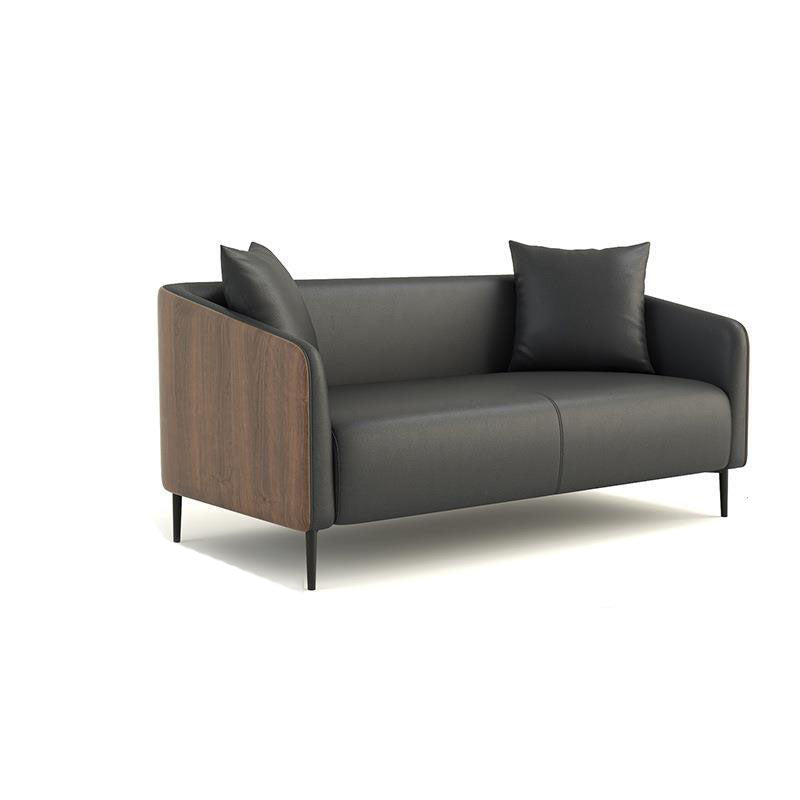 モダニズムフェイクレザーソファタキシードアームソファと木目アクセント