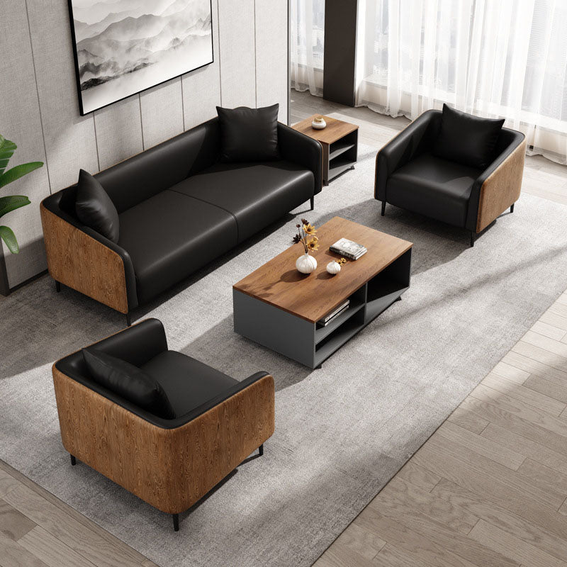 モダニズムフェイクレザーソファタキシードアームソファと木目アクセント