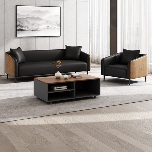 Modernismus Faux Ledersofa Smoking -Armsofa mit Holzkornakzent