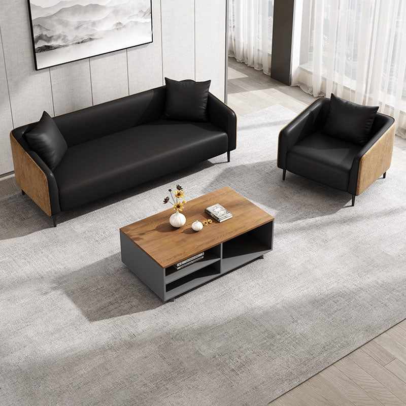 モダニズムフェイクレザーソファタキシードアームソファと木目アクセント