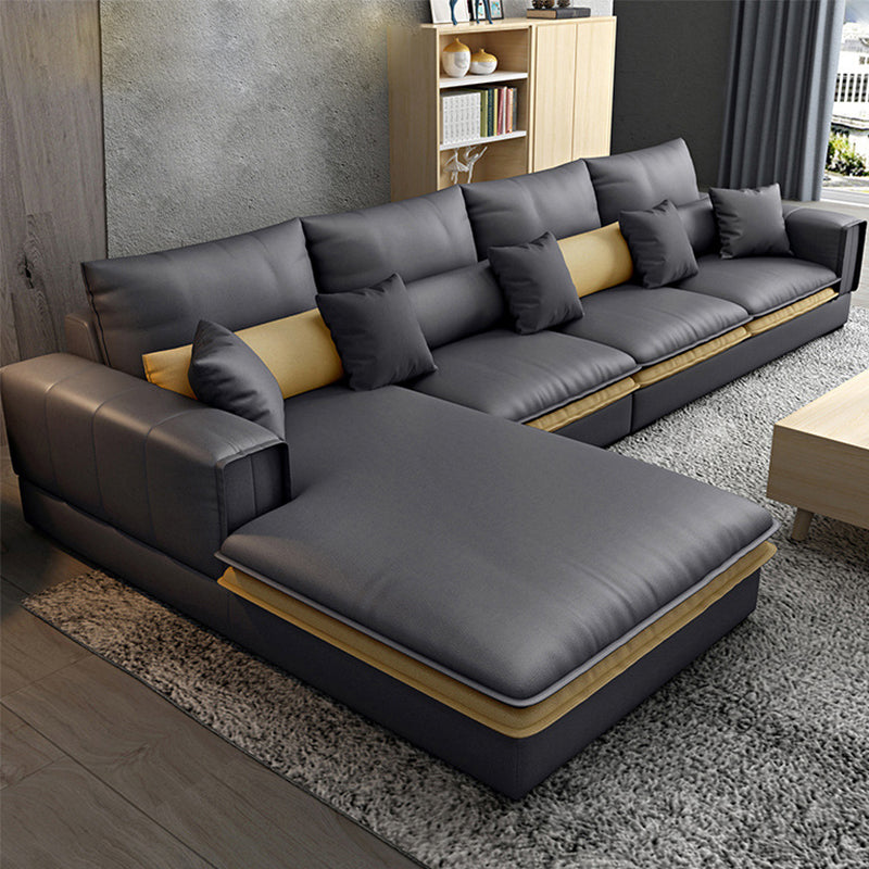 Contemporary Faux Leather Living Room Recessed Arm Pillows Sofa Chaise