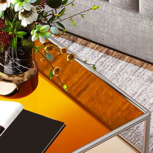 Tavolino quadrato contemporaneo con scaffale e top in vetro e gambe in acciaio