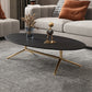Mesa de centro estilo Glam con tapa de piedra ovalada y base de caballete de acero