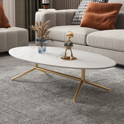 Mesa de centro estilo Glam con tapa de piedra ovalada y base de caballete de acero