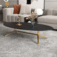 Mesa de centro estilo Glam con tapa de piedra ovalada y base de caballete de acero