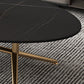 Mesa de centro estilo Glam con tapa de piedra ovalada y base de caballete de acero