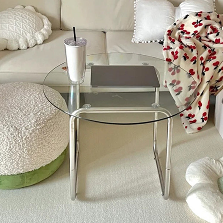 Modern Round Cocktail Table with Glass Top and Steel Sled Base Clearhalo 'Coffee & Accent Tables' 'Coffee Tables' 'coffee_tables' 'furn' 'furn_coffee_tables' 'Furniture' 'Living Room Furniture' 5912228