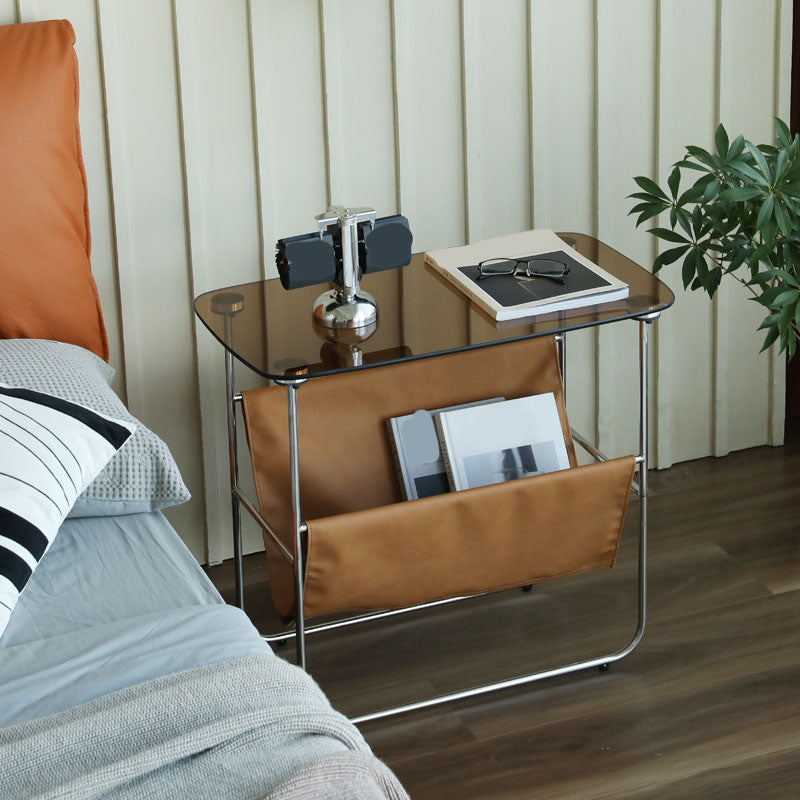 Modern Rectangle Glass Top Side Table 23.2" Tall Iron Sled Base End Table