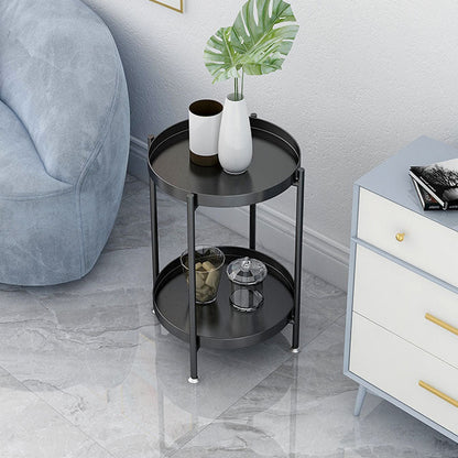 Black / Gold Round Tray Top Side Table Metal 4 Legs End Table with Shelf