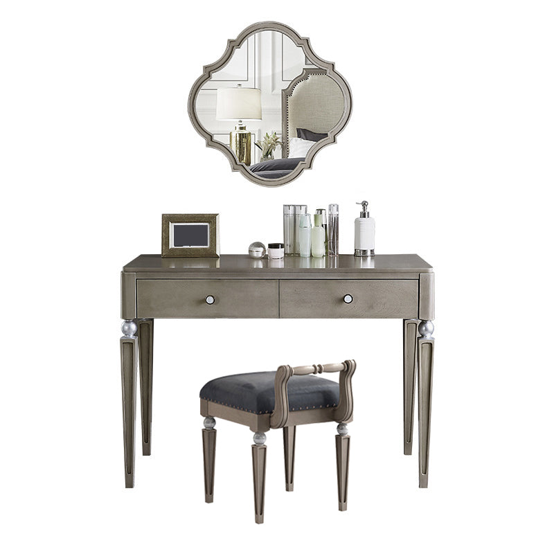 Traditional Mirrored Vanity Set Light Brown Solid Wood Dresser Makeup Vanity & Mirror & Stools 31.5"L x 19.7"W x 29.5"H Clearhalo 'Bedroom Furniture' 'furn' 'furn_makeup_vanities' 'Furniture' 'Makeup Vanities' 'makeup_vanities' 5912828