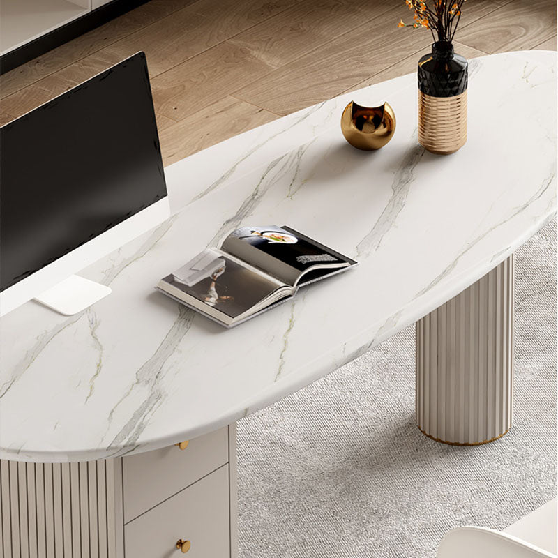 Irregular Shape Office Desk White Office Writing Desk with Metal Legs with 3-drawer Clearhalo 'furn' 'furn_office_desk' 'Furniture' 'Office Desks' 'Office Furniture' 'office_desk' 5917004