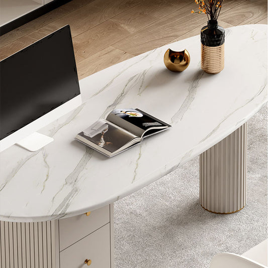 Irregular Shape Office Desk White Office Writing Desk with Metal Legs with 3-drawer Clearhalo 'furn' 'furn_office_desk' 'Furniture' 'Office Desks' 'Office Furniture' 'office_desk' 5917004