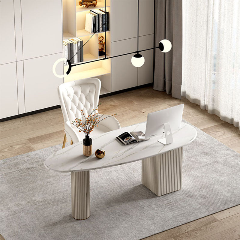 Irregular Shape Office Desk White Office Writing Desk with Metal Legs with 3-drawer Clearhalo 'furn' 'furn_office_desk' 'Furniture' 'Office Desks' 'Office Furniture' 'office_desk' 5917005