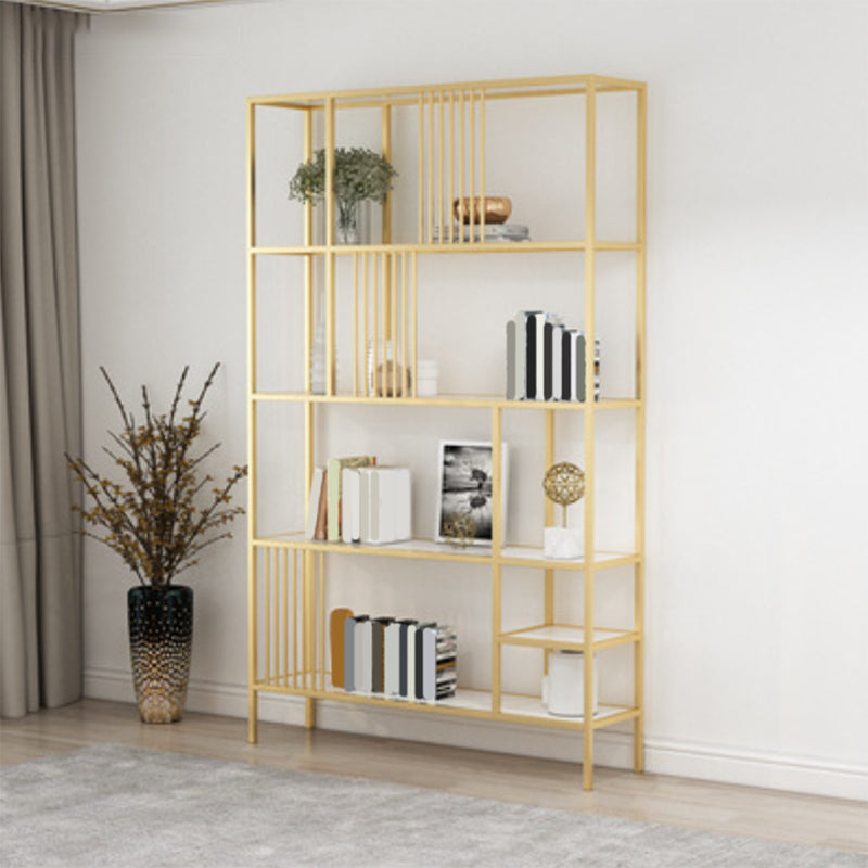 Glam Metal and Wood Shelf Bookcase Etagere Open Home Book Shelf with 5 Shelves 35.4"L x 11.8"W x 76.8"H Gold Wood Clearhalo 'Bookcases' 'furn' 'furn_bookcases' 'Furniture' 'Office Furniture' 5917793