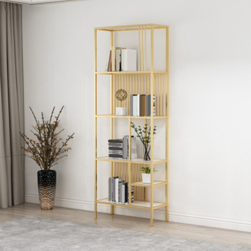 Glam Metal and Wood Shelf Bookcase Etagere Open Home Book Shelf with 5 Shelves 23.6"L x 11.8"W x 76.8"H Gold Wood Clearhalo 'Bookcases' 'furn' 'furn_bookcases' 'Furniture' 'Office Furniture' 5917799